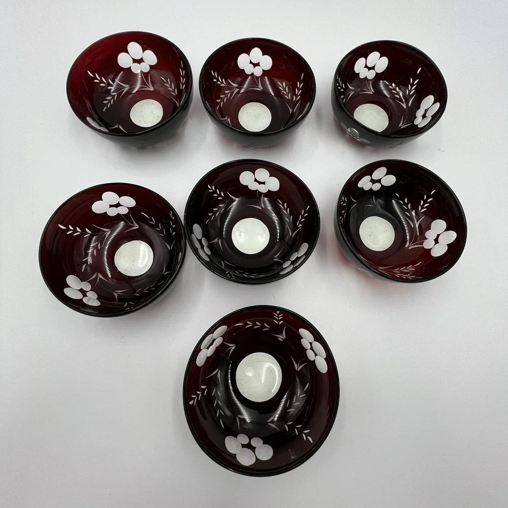 Set of‎ 7 Hand Blown Bohemian Ruby Cut to Clear Glass Bowls Floral Wheat Bubbles